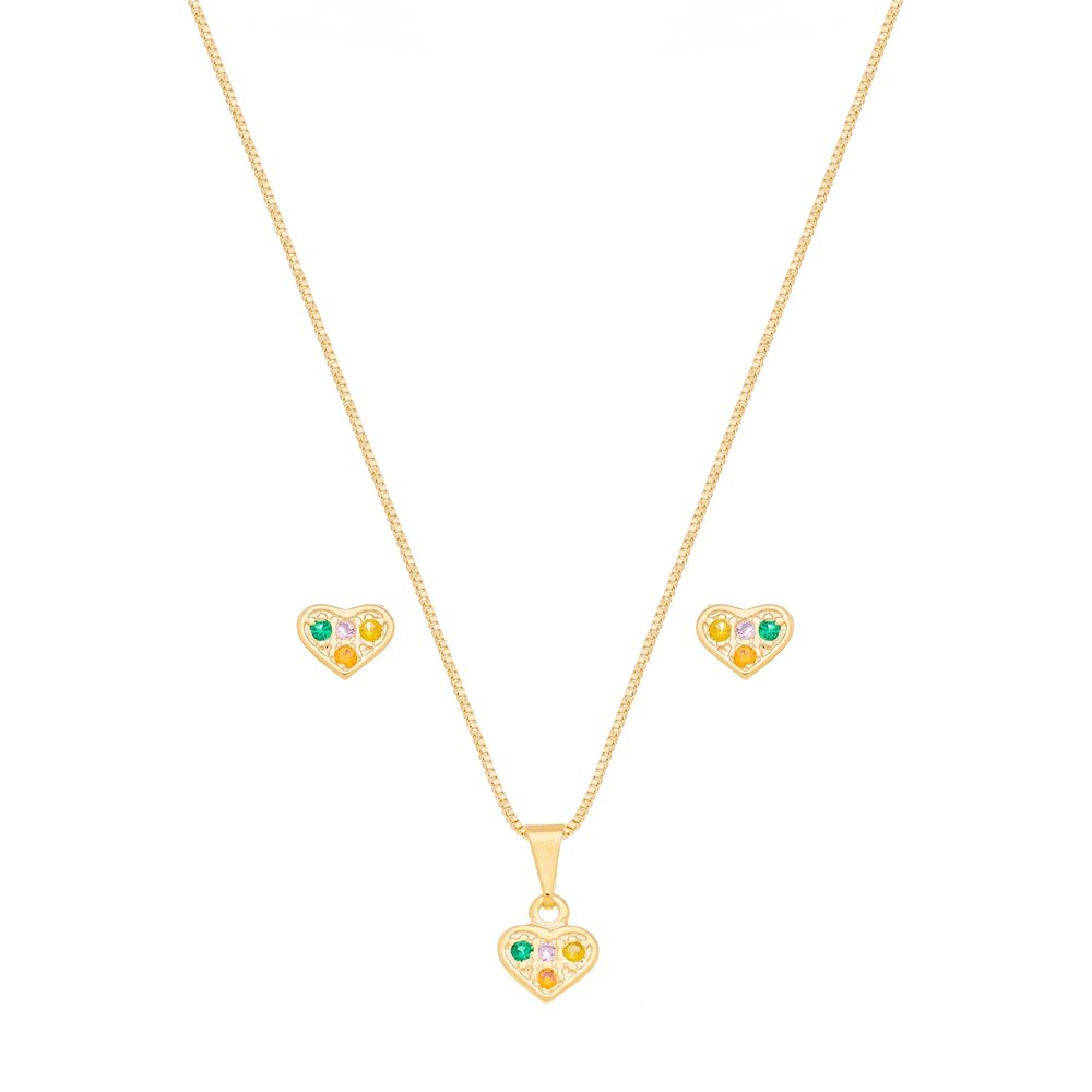 Conjunto Coração Zircônias Colorido